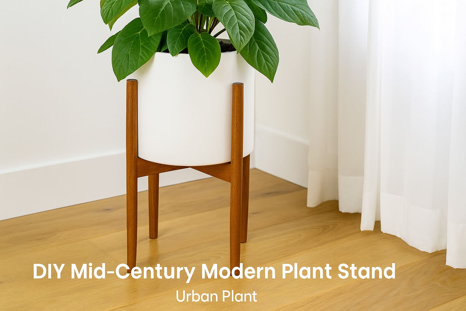 DIY mid-century modern plant stand with white ceramic pot and wooden legs placed in a minimal indoor space – Urban Plant